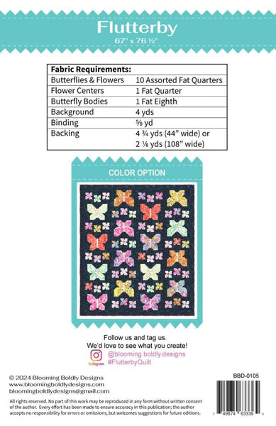 Image of the Flutterby Quilt Pattern by Blooming Boldly Designs for RIley Blake Designs. Features butterflies on a quilt. 
Cute Little Fabric Shop