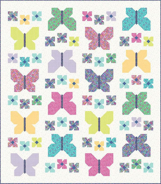 Image of the Flutterby Quilt Pattern by Blooming Boldly Designs for RIley Blake Designs. Features butterflies on a quilt. 
Cute Little Fabric Shop