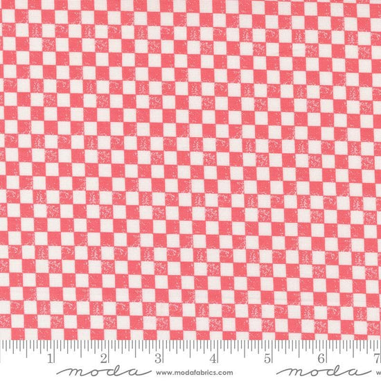 Image of the Love Blooms Checkers Lipstick quilting cotton fabric by Moda Fabrics. Features a checkered pattern on a pink background. Cute Little Fabric Shop