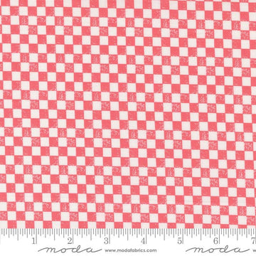 Image of the Love Blooms Checkers Lipstick quilting cotton fabric by Moda Fabrics. Features a checkered pattern on a pink background. Cute Little Fabric Shop