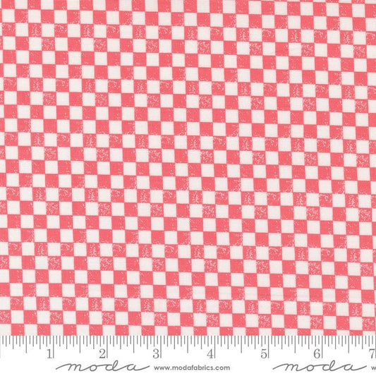 Image of the Love Blooms Checkers Lipstick quilting cotton fabric by Moda Fabrics. Features a checkered pattern on a pink background. Cute Little Fabric Shop