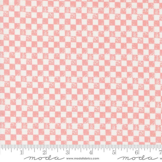 Image of the Love Blooms Checkers Blush quilting cotton fabric by Moda Fabrics. Features a checkered pattern on a pink background. Cute Little Fabric Shop