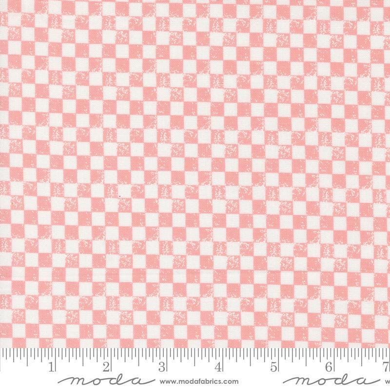 Image of the Love Blooms Checkers Blush quilting cotton fabric by Moda Fabrics. Features a checkered pattern on a pink background. Cute Little Fabric Shop