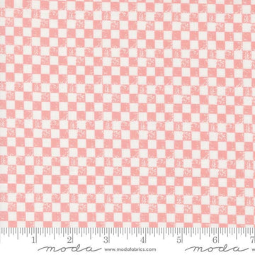 Image of the Love Blooms Checkers Blush quilting cotton fabric by Moda Fabrics. Features a checkered pattern on a pink background. Cute Little Fabric Shop