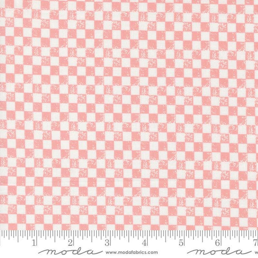 Image of the Love Blooms Checkers Blush quilting cotton fabric by Moda Fabrics. Features a checkered pattern on a pink background. Cute Little Fabric Shop