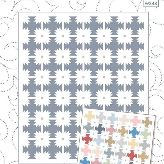 Image of the Prairie Blossom quilt pattern by Wendy Sheppard for Riley Blake Designs. Features star patterns on a quilt. 
Cute Little Fabric Shop