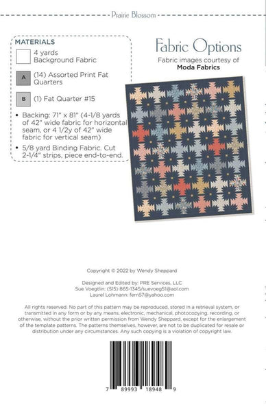 Image of the Prairie Blossom quilt pattern by Wendy Sheppard for Riley Blake Designs. Features the fabric requirements. 
Cute Little Fabric Shop