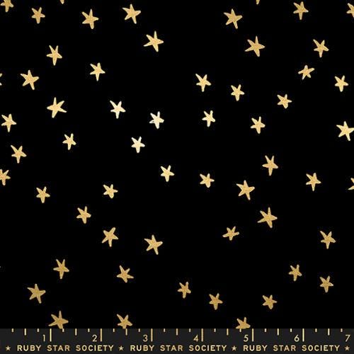 Image of the Starry Blenders Star Metallic Black Gold quilting cotton fabric by Alexia Abegg for Moda Fabrics. Features small scattered stars on a black background. Cute Little Fabric Shop