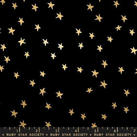 Image of the Starry Blenders Star Metallic Black Gold quilting cotton fabric by Alexia Abegg for Moda Fabrics. Features small scattered stars on a black background. Cute Little Fabric Shop