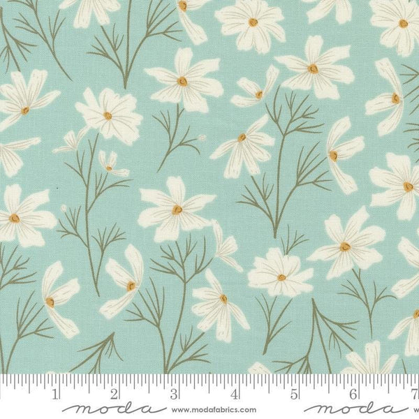 Image of the Seaglass Summer Cottage Ocean Air quilting cotton fabric by Moda Fabrics. Features flowers on a teal background. Cute Little Fabric Shop