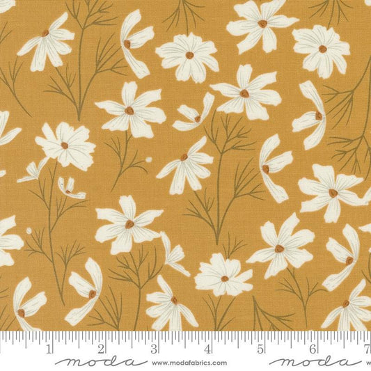 Image of the Seaglass Summer Cottage Sunshine quilting cotton fabric by Moda Fabrics. Features flowers on a yellow background. Cute Little Fabric Shop