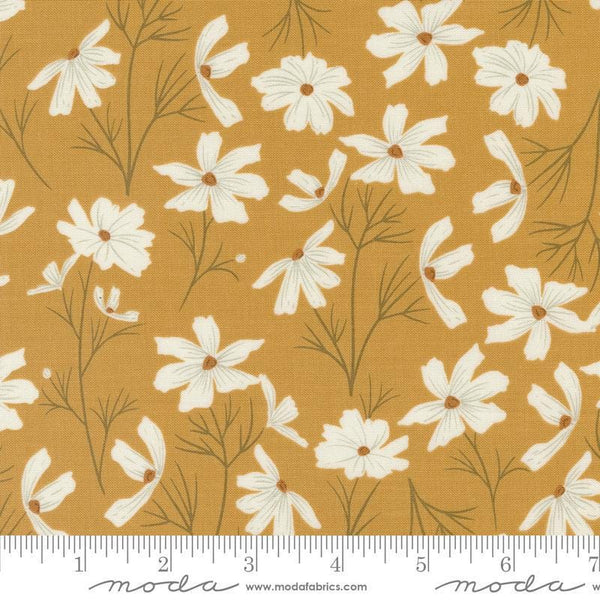 Image of the Seaglass Summer Cottage Sunshine quilting cotton fabric by Moda Fabrics. Features flowers on a yellow background. Cute Little Fabric Shop