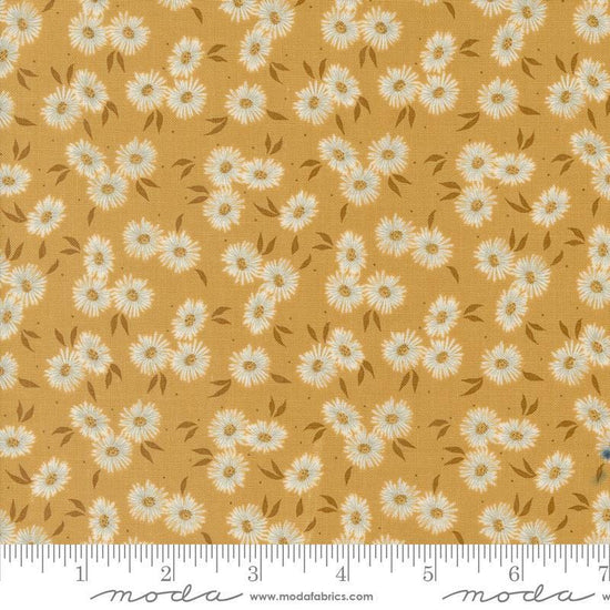 Image of the Seaglass Summer Beach Sunshine quilting cotton fabric by Moda Fabrics. Features flowers on a yellow background. Cute Little Fabric Shop