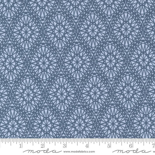 Image of the Seaglass Summer Picnic Dappled Blue quilting cotton fabric by Moda Fabrics. Features damask on a blue background. Cute Little Fabric Shop