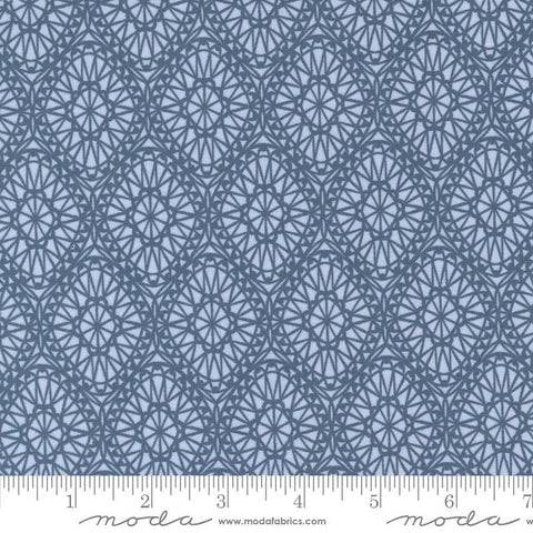 Image of the Seaglass Summer Picnic Dappled Blue quilting cotton fabric by Moda Fabrics. Features damask on a blue background. Cute Little Fabric Shop