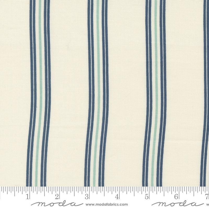 Image of the Seaglass Summer Stripes Oyster quilting cotton fabric by Moda Fabrics. Features stripes on a cream background. Cute Little Fabric Shop