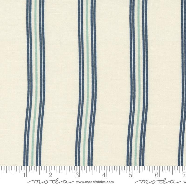 Image of the Seaglass Summer Stripes Oyster quilting cotton fabric by Moda Fabrics. Features stripes on a cream background. Cute Little Fabric Shop
