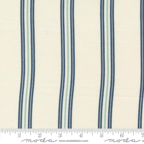 Image of the Seaglass Summer Stripes Oyster quilting cotton fabric by Moda Fabrics. Features stripes on a cream background. Cute Little Fabric Shop