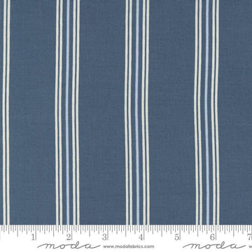 Image of the Seaglass Summer Stripes Indigo Sea quilting cotton fabric by Moda Fabrics. Features stripes on a blue background. Cute Little Fabric Shop