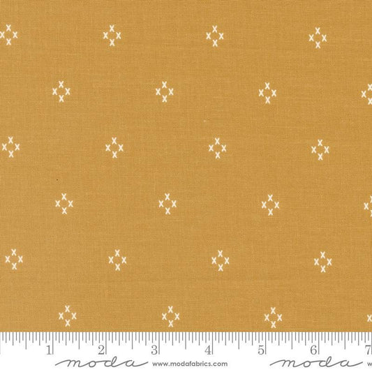 Image of the Seaglass Summer Cross Sunshine quilting cotton fabric by Moda Fabrics. Features crosses on a yellow background. Cute Little Fabric Shop