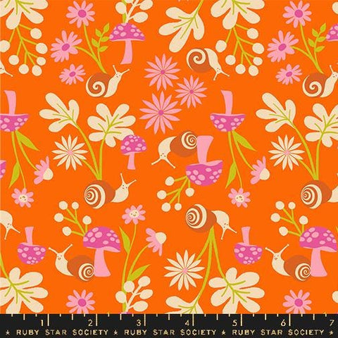 Image of the Animal Animal Snail Goldfish quilting cotton fabric by Ruby Star Society for Moda Fabrics. Features snails on an orange background. Cute Little Fabric Shop