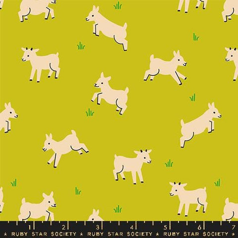 Image of the Animal Animal Goats Pistachio quilting cotton fabric by Ruby Star Society for Moda Fabrics. Features goats on a lime background. Cute Little Fabric Shop