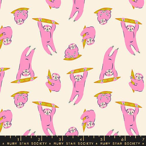 Image of the Animal Animal Sloth Natural quilting cotton fabric by Ruby Star Society for Moda Fabrics. Features sloths on a cream background. Cute Little Fabric Shop