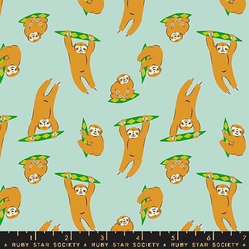 Image of the Animal Animal Sloth Minty quilting cotton fabric by Ruby Star Society for Moda Fabrics. Features sloths on a mint background. Cute Little Fabric Shop