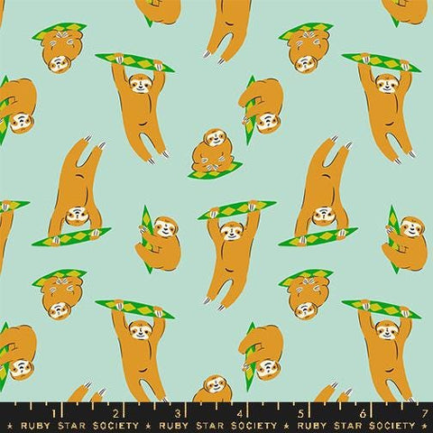 Image of the Animal Animal Sloth Minty quilting cotton fabric by Ruby Star Society for Moda Fabrics. Features sloths on a mint background. Cute Little Fabric Shop
