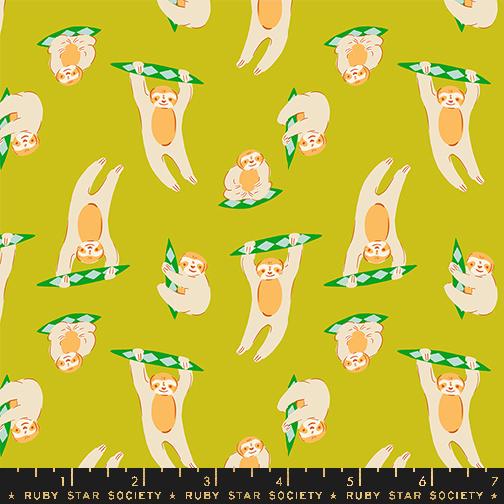 Image of the Animal Animal Sloth Pistachio quilting cotton fabric by Ruby Star Society for Moda Fabrics. Features sloths on a lime background. Cute Little Fabric Shop
