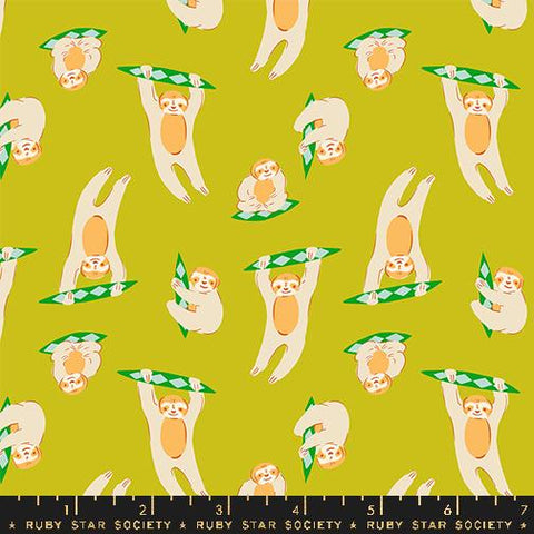 Image of the Animal Animal Sloth Pistachio quilting cotton fabric by Ruby Star Society for Moda Fabrics. Features sloths on a lime background. Cute Little Fabric Shop