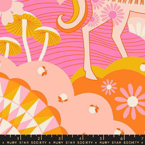 Image of the Carousel Daydreamer Zinnia quilting cotton fabric by Ruby Star Society for Moda Fabrics. Features horses on an orange background. Cute Little Fabric Shop