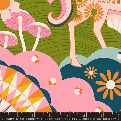 Image of the Carousel Daydreamer Light Galaxy quilting cotton fabric by Ruby Star Society for Moda Fabrics. Features horses on a green background. Cute Little Fabric Shop