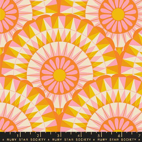 Image of the Carousel Geometric Zinnia quilting cotton fabric by Ruby Star Society for Moda Fabrics. Features geometric circles on an orange background. Cute Little Fabric Shop