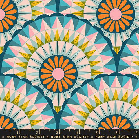 Image of the Carousel Geometric Light Galaxy quilting cotton fabric by Ruby Star Society for Moda Fabrics. Features geometric circles on a teal background. Cute Little Fabric Shop