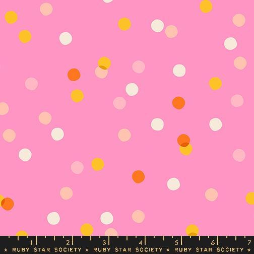 Image of the Carousel Dots Flamingo quilting cotton fabric by Ruby Star Society for Moda Fabrics. Features dots on a pink background. Cute Little Fabric Shop