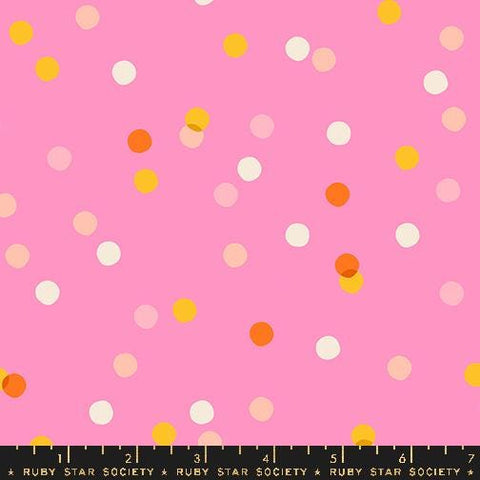 Image of the Carousel Dots Flamingo quilting cotton fabric by Ruby Star Society for Moda Fabrics. Features dots on a pink background. Cute Little Fabric Shop