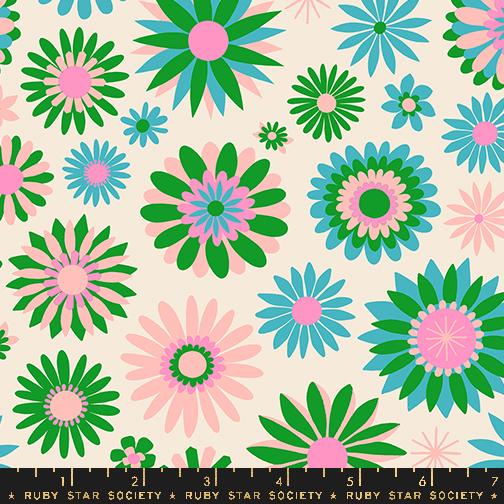 Image of the Carousel Kaleidoscope Natural quilting cotton fabric by Ruby Star Society for Moda Fabrics. Features retro flowers on a cream background. Cute Little Fabric Shop