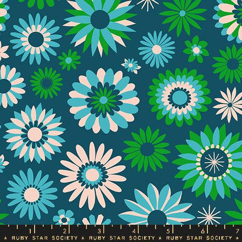 Image of the Carousel Kaleidoscope Light Galaxy quilting cotton fabric by Ruby Star Society for Moda Fabrics. Features retro flowers on a green background. Cute Little Fabric Shop