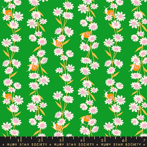 Image of the Carousel Daisy Verdant quilting cotton fabric by Ruby Star Society for Moda Fabrics. Features daisies on a green background. Cute Little Fabric Shop