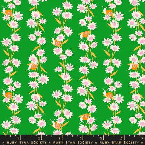 Image of the Carousel Daisy Verdant quilting cotton fabric by Ruby Star Society for Moda Fabrics. Features daisies on a green background. Cute Little Fabric Shop
