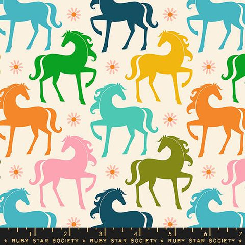Image of the Carousel Horses Natural quilting cotton fabric by Ruby Star Society for Moda Fabrics. Features horses on a cream background. Cute Little Fabric Shop