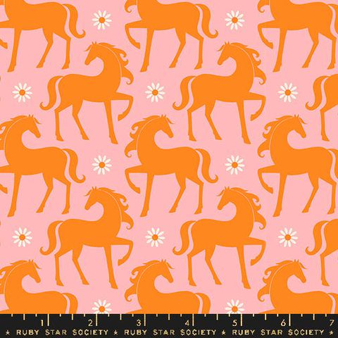 Image of the Carousel Horses Balmy quilting cotton fabric by Ruby Star Society for Moda Fabrics. Features horses on an orange background. Cute Little Fabric Shop