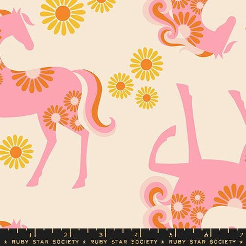 Image of the Carousel Canvas Horse Natural quilting cotton fabric by Ruby Star Society for Moda Fabrics. Features horses on a cream background. Cute Little Fabric Shop