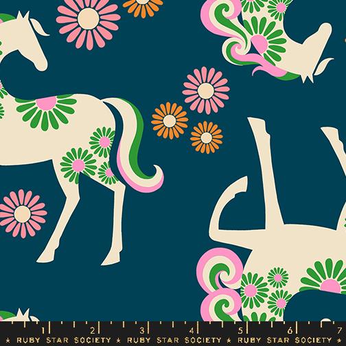 Image of the Carousel Canvas Light Galaxy quilting canvas fabric by Ruby Star Society for Moda Fabrics. Features horses on a blue background. 
Cute Little Fabric Shop