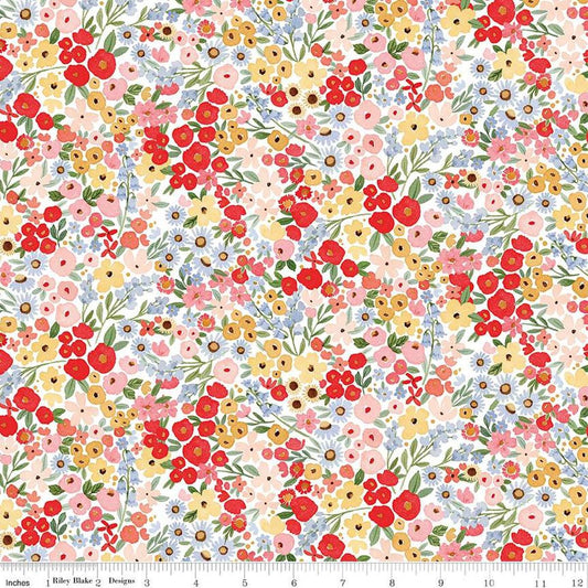Image of the Floral Charms Happy Ditsy Floral White quilting cotton fabric by Kelsey Carlson for Riley Blake Designs. Features flowers on a white background. Cute Little Fabric Shop