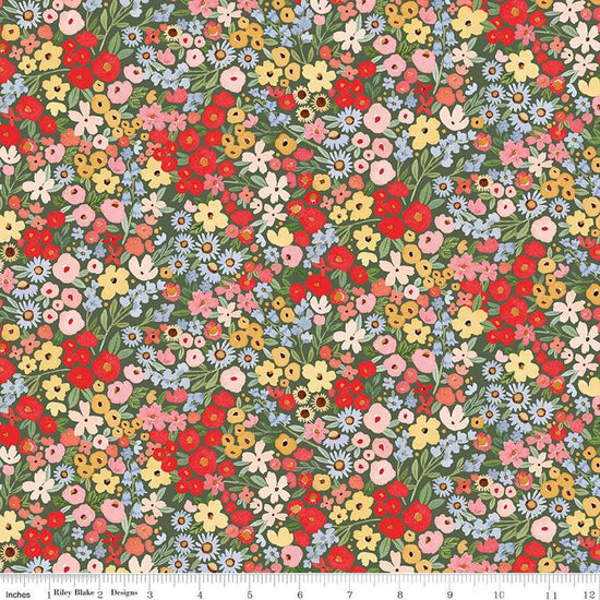 Image of the Floral Charms Happy Ditsy Floral Hunter quilting cotton fabric by Kelsey Carlson for Riley Blake Designs. Features flowers on a green background. Cute Little Fabric Shop