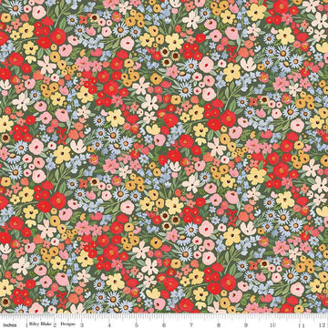 Image of the Floral Charms Happy Ditsy Floral Hunter quilting cotton fabric by Kelsey Carlson for Riley Blake Designs. Features flowers on a green background. Cute Little Fabric Shop