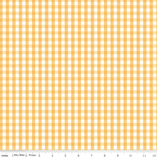 Image of the Floral Charms Gingham Honey quilting cotton fabric by Kelsey Carlson for Riley Blake Designs. Features flowers on a yellow background. Cute Little Fabric Shop