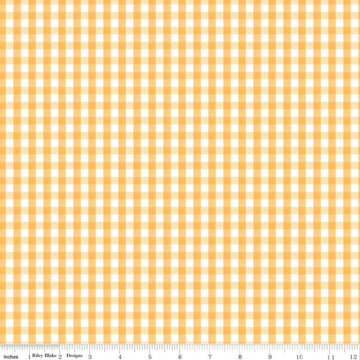 Image of the Floral Charms Gingham Honey quilting cotton fabric by Kelsey Carlson for Riley Blake Designs. Features flowers on a yellow background. Cute Little Fabric Shop